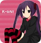  bad_id bad_pixiv_id black_hair casual highres k-on! long_hair nakano_azusa naru_(andante) red_eyes solo striped striped_legwear thighhighs twintails 