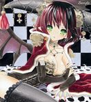  ayuayu bad_id bad_pixiv_id blush breasts bridal_gauntlets cape checkered checkered_background choker cleavage demon_girl fingernails green_eyes horns jewelry long_fingernails looking_at_viewer lying marker_(medium) medium_breasts nail_polish necklace on_side original pointy_ears purple_nails red_hair sample short_hair solo thighhighs traditional_media 