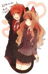  1girl animal_ears bad_id bad_pixiv_id brown_eyes brown_hair cat_ears cat_tail couple hand_behind_head harry_potter heart hermione_granger hetero long_hair looking_at_viewer miyako_(xxxbibit) necktie open_mouth red_eyes red_hair ron_weasley school_uniform simple_background tail 