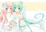  :d aqua_eyes aqua_hair bad_id bad_pixiv_id bouquet breast_press breasts cleavage crown dress elbow_gloves flower gloves hair_flower hair_ornament hatsune_miku long_hair medium_breasts megurine_luka multiple_girls open_mouth pink_hair purinko red_flower red_rose rose small_breasts smile twintails veil very_long_hair vocaloid wedding_dress white_flower white_rose yellow_flower yellow_rose 