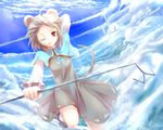  animal_ears capelet cloud day dowsing_rod flying forehead highres jewelry light_rays mouse_ears mouse_tail nazrin one_eye_closed pendant red_eyes sakura_ani short_hair sky smile solo sunbeam sunlight tail touhou 