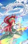  chinese_clothes dragon eastern_dragon fighting_stance gin'ichi_(akacia) hat highres hong_meiling legs long_hair mountain red_eyes side_slit solo touhou 