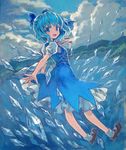  acrylic_paint_(medium) adapted_costume ama-tou blue_dress blue_eyes blue_hair bow cirno danmaku dress flying hair_bow highres ice lake looking_at_viewer looking_back open_mouth short_hair smile solo touhou traditional_media wings 