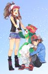  1girl bad_id bad_pixiv_id bare_shoulders baseball_cap blue_eyes brown_eyes brown_hair denim denim_shorts gen_5_pokemon hat hug jacket legs lilligant one_eye_closed pokemon pokemon_(creature) pokemon_(game) pokemon_bw ponytail s-kura shorts touko_(pokemon) touya_(pokemon) vest whimsicott 