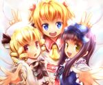  :d blonde_hair blue_eyes bow bunny_ears_prank drill_hair hair_bow hat long_hair looking_at_viewer luna_child multiple_girls open_mouth red_eyes sakura_ani short_hair smile star_sapphire sunny_milk touhou wings yellow_eyes 