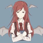  bat_wings book book_hug dress_shirt face head_wings holding holding_book kawashina_(momen_silicon) koakuma long_hair long_sleeves low_wings necktie red_eyes red_hair shirt simple_background smile solo touhou vest white_shirt wings 