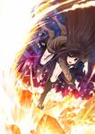  action black_hair fantasy_earth_zero fire foreshortening gloves long_hair night open_mouth purple_eyes road ryouku solo street sword weapon 