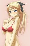  1girl artist_request bikini bikini_top blonde_hair blue_eyes breasts freckles katharine_ohare large_breasts long_hair looking_at_viewer ribbon smile solo strike_witches swimsuit 