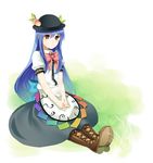  :/ bad_id bad_pixiv_id blue_hair boots bow bowtie cross-laced_footwear dress food fruit garigarigari grass hands_clasped hat highres hinanawi_tenshi lace-up_boots long_hair own_hands_together peach red_eyes sitting solo touhou 