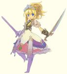  blonde_hair blue_eyes breastplate dress dual_wielding gauntlets highres himukai_yuuji holding ponytail princess_(sekaiju) sekaiju_no_meikyuu sekaiju_no_meikyuu_3 solo sword tiara weapon 