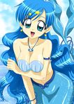  :d ankoku_tiger armlet beads blue_eyes blue_hair bracelet breast_hold breasts cleavage day earrings hair_ornament highres houshou_hanon jewelry large_breasts long_hair mermaid mermaid_melody_pichi_pichi_pitch monster_girl necklace official_style open_mouth seashell shell shell_bikini sky smile solo star star_hair_ornament water wavy_hair wet 