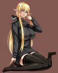  black_legwear blonde_hair blush breasts elf huge_breasts long_hair nyamota open_mouth original pointy_ears ribbed_sweater ribbon sitting solo sweater thighhighs wariza 
