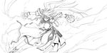  alternate_costume braid breasts china_dress chinese_clothes dress fingerless_gloves gloves greyscale highres hong_meiling large_breasts ledjoker07 lightning lineart long_hair monochrome solo touhou transparent_background twin_braids 