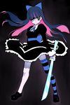  blue_eyes gothic gothic_lolita left-handed lolita_fashion long_hair multicolored_hair panty_&amp;_stocking_with_garterbelt sakamoto_mineji solo stocking_(psg) striped striped_legwear sword thighhighs two-tone_hair weapon 