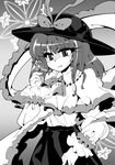  capelet eyelashes flower frills greyscale hassy hat hat_ribbon highres monochrome nagae_iku ribbon scarf solo touhou 