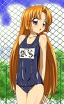  ankoku_tiger chain-link_fence fence highres long_hair md5_mismatch mermaid_melody_pichi_pichi_pitch official_style one-piece_swimsuit orange_eyes orange_hair school_swimsuit seira_(mermaid_melody_pichi_pichi_pitch) solo swimsuit 