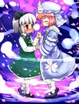  blush cherry_blossoms ear_blush hairband hat hikami_izuto hitodama holding_hands konpaku_youmu konpaku_youmu_(ghost) mary_janes multiple_girls red_eyes saigyouji_yuyuko shoes silver_hair touhou 