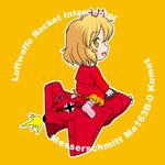  aircraft airplane aki_shizuha blonde_hair blush_stickers chibi iron_cross leaf lowres me_163 military rocket sakurato_tsuguhi short_hair solo swastika touhou world_war_ii yellow_eyes 