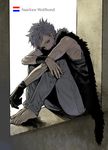 agasang barefoot fur_trim gloves grey_hair male_focus original personification single_glove sitting sitting_on_object solo 