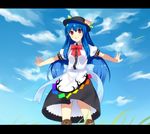 bad_id bad_pixiv_id blue_hair bow bowtie cloud day dress food fruit garigarigari grin hat hinanawi_tenshi letterboxed long_hair outstretched_arms peach petticoat red_eyes sky smile solo spread_arms touhou 