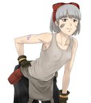  arm_support bandaid bandaid_on_arm bare_shoulders bent_over brown_eyes collarbone earrings facial_mark gloves god_eater god_eater_burst goggles goggles_on_head green_hair grey_hair jack_hamster jewelry kusunoki_rikka leaning_forward no_bra short_hair simple_background smile solo stud_earrings tank_top white_background 