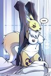  big_breasts blue_eye blush breasts canine clothed clothing dialog digimon english_text fabio_paulino female fox half-dressed mammal markings nipples panties paulino renamon solo stretching text underwear window yawn 