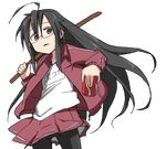  ahoge bad_id bad_pixiv_id black_eyes black_hair black_legwear bokken can glasses izumi_konata jacket kurokona long_hair lucky_star pantyhose skirt soda_can solo suzumiya_annko sword transparent_background upskirt weapon wind wind_lift wooden_sword 