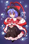  blush bubble frills hat hat_ribbon nagae_iku pote_(ptkan) purple_hair red_eyes ribbon scarf shawl short_hair solo touhou 