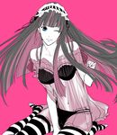  bad_id bad_pixiv_id blue_eyes bra lingerie long_hair monochrome navel one_eye_closed panties panty_&amp;_stocking_with_garterbelt pink_background ro-a solo spot_color stocking_(psg) striped striped_legwear thighhighs underwear 