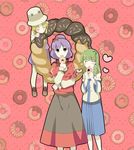  :&gt; ^_^ blonde_hair blush_stickers closed_eyes doughnut eating food frog garigarigari green_hair hair_ornament happy hat heart highres kochiya_sanae long_hair moriya_suwako multiple_girls parody pastry purple_hair rope shimenawa short_hair smile snake touhou yasaka_kanako 