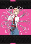  alice_margatroid blonde_hair blue_dress blue_eyes buckle capelet dress hairband head_tilt looking_at_viewer nabeshima_tetsuhiro necktie pink_background pointing pointing_at_self sash scissors short_hair solo standing touhou 
