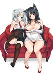  animal_ears areolae bare_shoulders blush breasts cat_ears couch flat_chest highres huge_breasts jingi_sukan multiple_girls original thighhighs 