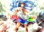  blue_hair boots cross-laced_footwear food fruit glowing hinanawi_tenshi keystone lace-up_boots long_hair peach red_eyes sakura_ani serious solo sword sword_of_hisou touhou weapon wind 