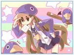  bad_id bad_pixiv_id baseball_bat blue_hat brown_eyes brown_hair disgaea food food_in_mouth hat jacket kazamatsuri_fuuka long_hair makai_senki_disgaea_4 mouth_hold open_clothes open_jacket pose prinny school_uniform serafuku skirt solo star thighhighs toast toast_in_mouth twintails yuguru 