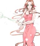  aerith_gainsborough bad_id bad_pixiv_id bow bracelet brown_hair choker dress final_fantasy final_fantasy_vii green_eyes hair_ribbon insmbby jewelry long_dress long_hair pink_bow pink_dress ribbon solo staff very_long_hair weapon 