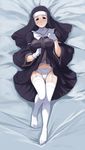  blue_eyes breasts cape cross garter_belt gloves habit imo_works jewelry large_breasts legs lying necklace nun orsola_aquinas panties skirt skirt_lift solo thigh_gap thighhighs to_aru_majutsu_no_index underwear white_legwear white_panties 