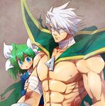  bandages blush cape chest crossdressing cruz_schild empty_eyes green_hair multiple_boys muscle needless nipples open_mouth otoko_no_ko saten_(needless) sweat toku_(pixiv) twintails white_hair yamada_(needless) 