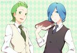  2boys blue_eyes blue_hair book corn_(pokemon) dent_(pokemon) frown green_eyes green_hair gym_leader multiple_boys necktie open_mouth pokemon pokemon_(game) pokemon_black_and_white pokemon_bw school_uniform short_hair smile 