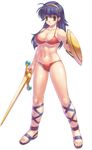  abs ankle_lace-up armor bikini_armor blue_hair cameltoe cross-laced_footwear female gladiator_sandals gold_eyes highres king_of_fighters muscular_female princess_athena sandals sheild shield smile smiling snk solo sword uchiu_kazuma weapon yellow_eyes 