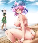  2girls arched_back bad_id bad_pixiv_id banned_artist blue_eyes blush blush_stickers breasts broom commentary_request cum cum_in_pussy day girl_on_top happy_sex hetero highres huge_breasts konpaku_youmu multiple_girls nude outdoors penis pink_hair red_eyes reverse_cowgirl_position saigyouji_yuyuko sex shin'en_(gyokuro_company) short_hair smile straddling sweat touhou vaginal white_hair 