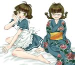  1girl akizuki_ritsuko akizuki_ryou apron barefoot bed_sheet blush crossdressing idolmaster idolmaster_(classic) idolmaster_dearly_stars japanese_clothes kimono kurata_(catchy32) maid one_eye_closed open_mouth otoko_no_ko smile 