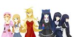  6+girls 6girls bare_shoulders blonde_hair blue_eyes breasts character_request cleavage crossover dress female frederica_bernkastel gokou_ruri goth gothic green_eyes highres kousaka_kirino lambdadelta long_hair multicolored_hair multiple_girls ore_no_imouto_ga_konna_ni_kawaii_wake_ga_nai panty_&amp;_stocking_with_garterbelt panty_(character) panty_(psg) pink_hair purple_eyes purple_hair red_eyes school_uniform short_hair simple_background smile stocking_(character) stocking_(psg) umineko_no_naku_koro_ni wink 