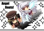  1girl angel_beats! bad_id bad_pixiv_id blazer brown_eyes chibi green_hair gun hat jacket long_hair morimori naoi_ayato red_eyes school_uniform silver_hair tenshi_(angel_beats!) weapon wings 