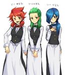  3girls apron blue_eyes blue_hair blush bow bowtie breast_envy breasts corn_(pokemon) dent_(pokemon) flat_chest frown genderswap green_eyes green_hair gym_leader hair_over_one_eye large_breasts long_hair multiple_girls open_mouth pod_(pokemon) pokemon pokemon_(game) pokemon_black_and_white pokemon_bw ponytail red_eyes red_hair short_hair smile sweat waitress 