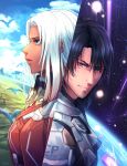  1boy 1girl armor bird black_hair blue_eyes cloud cloudy_sky dark_skin day elma_(xenoblade_x) explosion facial_hair highres lao_(xenoblade_x) long_hair planet science_fiction sky space split star_(sky) starry_sky stubble suneiaaa white_hair xenoblade_chronicles_x 