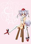  :3 animal_ears bad_id bad_pixiv_id breasts chibi eyebrows fundoshi geta hat inubashiri_momiji japanese_clothes medium_breasts no_bra no_pants short_hair sideboob silver_hair sitting solo stool tail tengu-geta thighhighs tokin_hat touhou white_legwear wolf_ears wolf_tail yuragi_(nukomomo) 