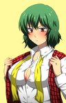  &gt;:( annoyed bad_id bad_pixiv_id blush breasts bursting_breasts cleavage dress_shirt frown green_hair impossible_clothes impossible_shirt kazami_yuuka kn96 large_breasts necktie orange_background plaid plaid_vest red_eyes shiny shiny_hair shiny_skin shirt short_hair simple_background solo touhou unbuttoned undressing untied upper_body v-shaped_eyebrows vest 