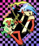  demon_girl double_gold_lacytanga double_gold_spandex fang gun horns kneesocks_(character) kneesocks_(psg) panty_&amp;_stocking_with_garterbelt pointy_ears red_skin scanty scanty_(psg) scythe smile weapon 
