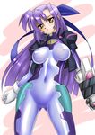  bodysuit breasts gauntlets ginga_nakajima gloves hair_ribbon large_breasts long_hair lyrical_nanoha mahou_shoujo_lyrical_nanoha_strikers numbers'_uniform numbers_(nanoha) purple_hair revolver_knuckle ribbon sakura_ryuuken skin_tight solo thighs yellow_eyes 