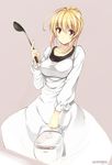  antenna_hair blonde_hair breasts dress hair_up ladle large_breasts long_sleeves original rice_cooker simple_background solo white_dress won_(az_hybrid) yellow_eyes 
